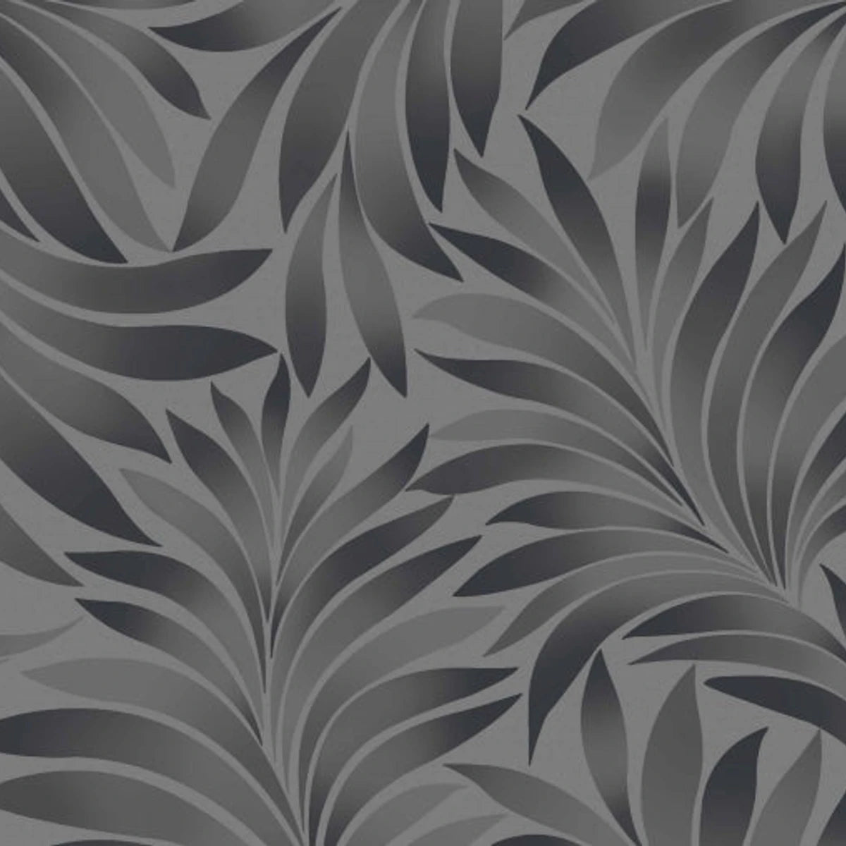 Dark gray abstract botanical wallpaper with flowing, organic leaf-like patterns in varying shades, creating a seamless