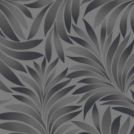 Dark gray abstract botanical wallpaper with flowing, organic leaf-like patterns in varying shades, creating a seamless