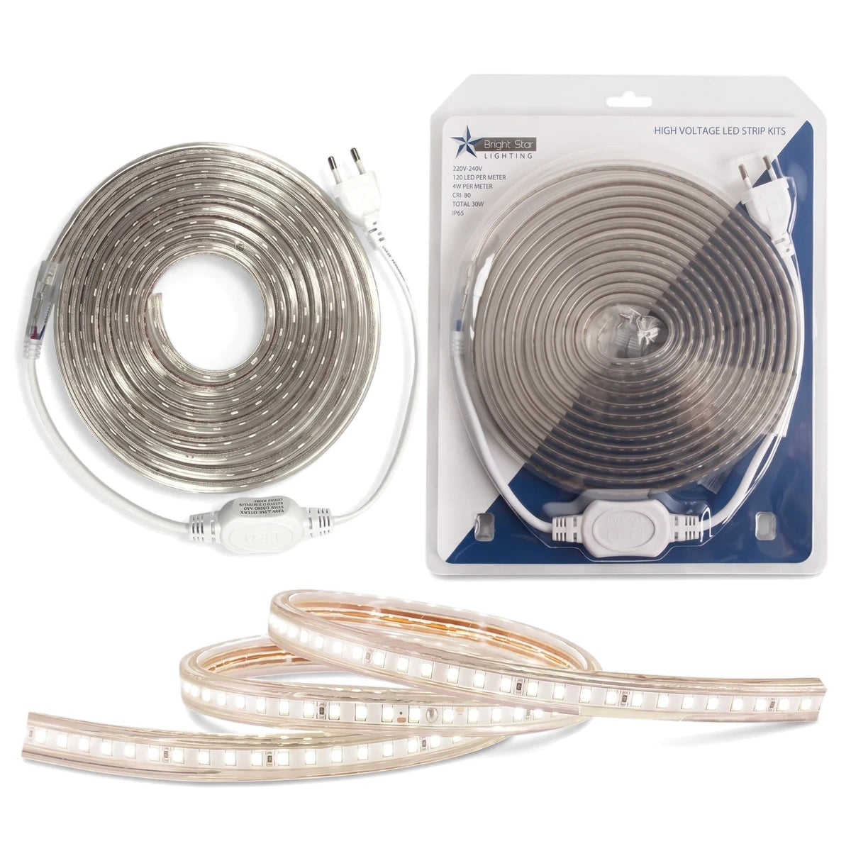 Warm white LED strip light kit with a coiled strip, a packaged strip, and an uncoiled section, on a white background.