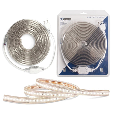 Warm white LED strip light kit with a coiled strip, a packaged strip, and an uncoiled section, on a white background.