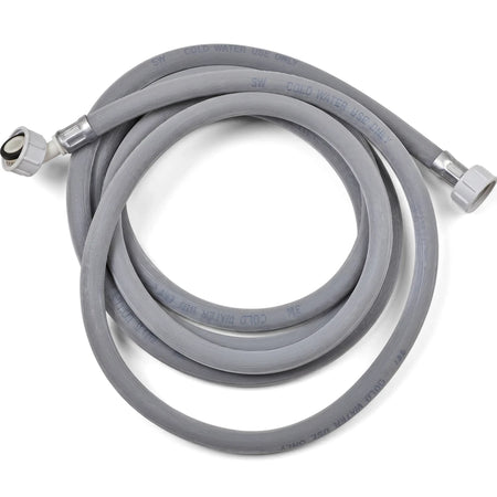 Grey 2.5-meter washing machine inlet hose with female connectors, coiled on a white background.