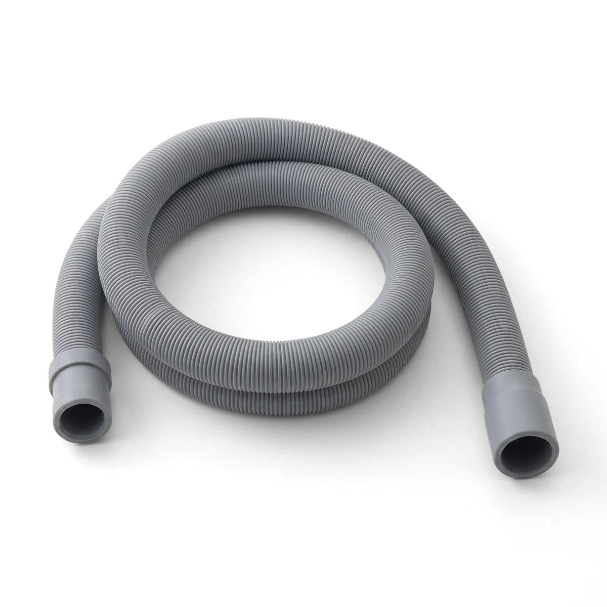 Gray corrugated washing machine outlet hose coiled on a white background, featuring ribbed texture and smooth connection
