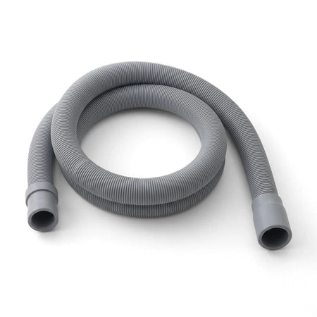 Gray corrugated washing machine outlet hose coiled on a white background, featuring ribbed texture and smooth connection