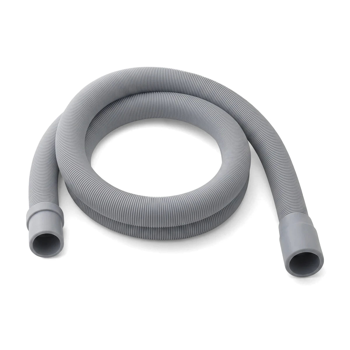 Grey corrugated washing machine outlet hose, 2 meters long, coiled and ready for installation, with both connector ends