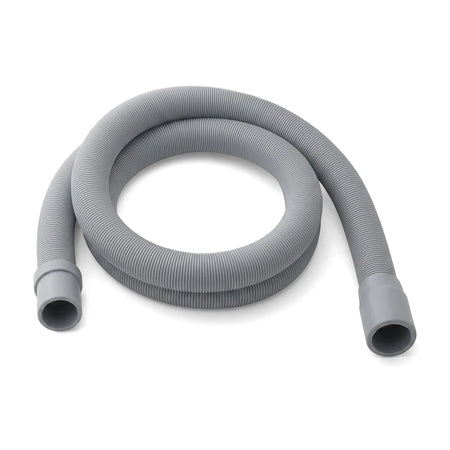 Grey corrugated washing machine outlet hose, 2 meters long, coiled and ready for installation, with both connector ends