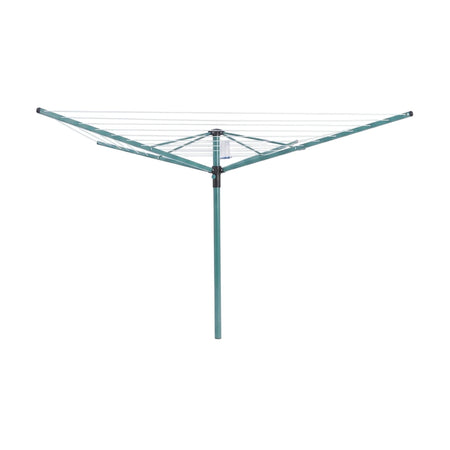 Teal Washline Rotary clothes dryer, designed for outdoor laundry, featuring a sturdy three-arm structure and a central pole.