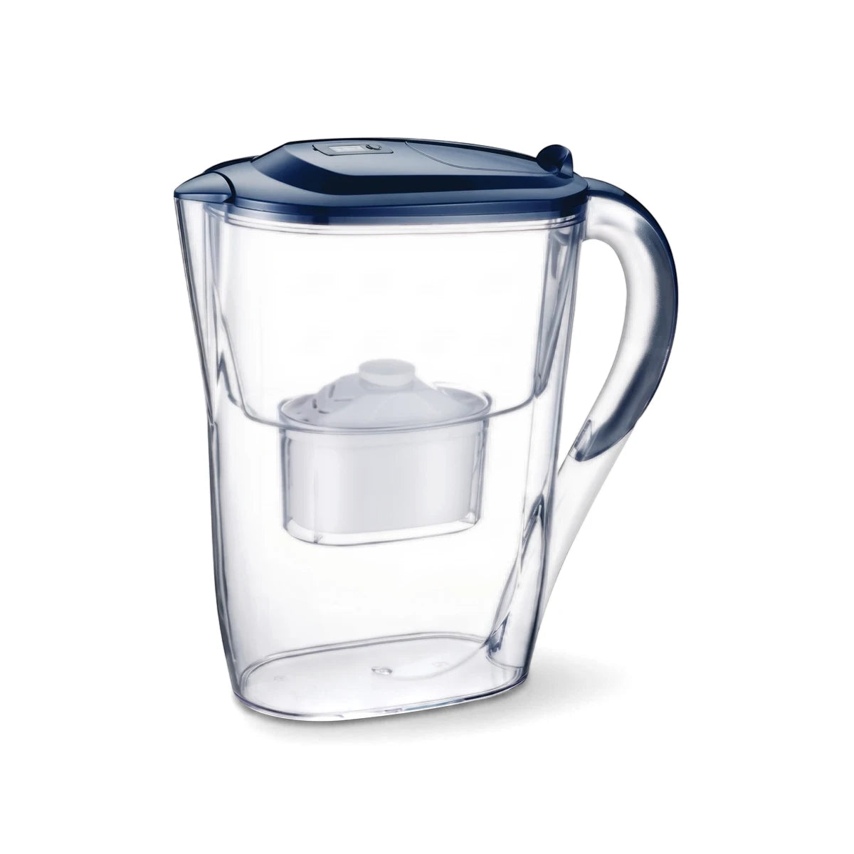 Clear plastic water filtration jug with a dark blue lid and a white internal filter cartridge, 2.6 liter capacity.