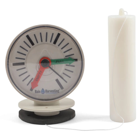 Water Tank Level Gauge with float for measuring water levels, featuring a circular indicator and a cylindrical white float.