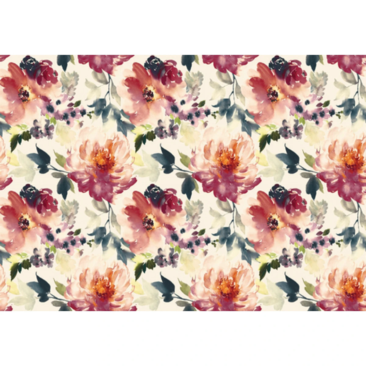 Watercolor blossom decoupage sheet with a seamless pattern of pink, red, and blue flowers, green leaves on a light beige