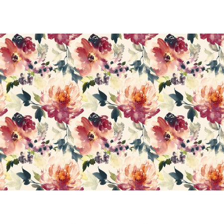 Watercolor blossom decoupage sheet with a seamless pattern of pink, red, and blue flowers, green leaves on a light beige
