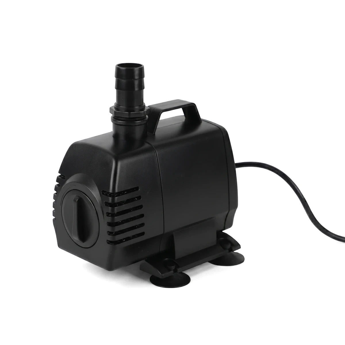 Close-up of a black submersible water pump featuring a top handle, ribbed side, adjustable flow control, and suction cup