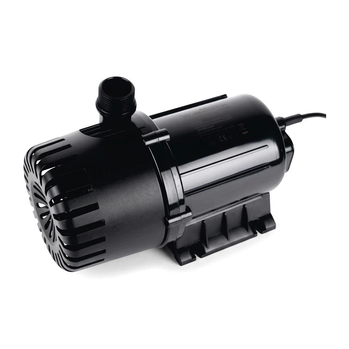 Black Waterfall Pg-10000 pond water pump shown at an angle, featuring a ribbed intake, threaded outlet, and power cord, on a