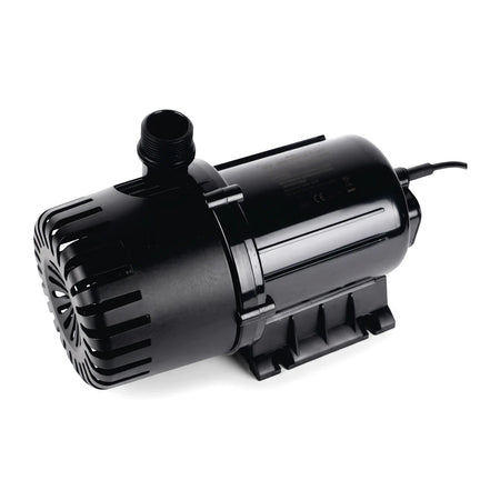 Black Waterfall Pg-10000 pond water pump shown at an angle, featuring a ribbed intake, threaded outlet, and power cord, on a
