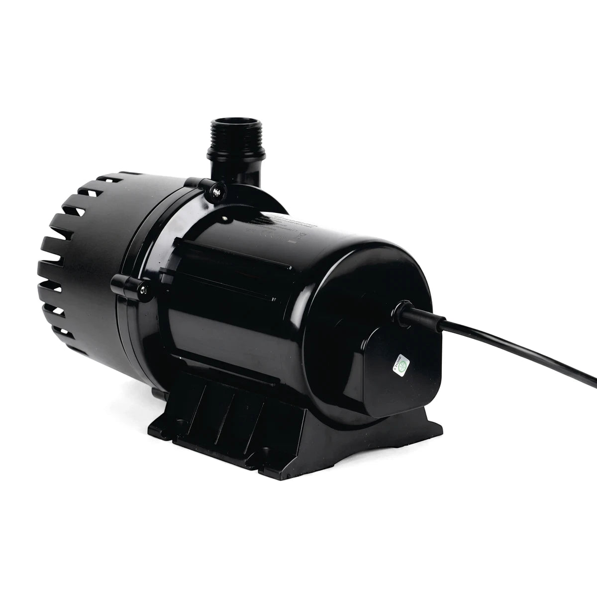 Black Waterfall Pg-10000 electric pond water pump with a threaded outlet and power cord on a white background, viewed from a