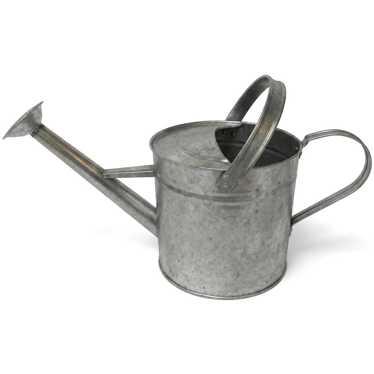 Watering Can 3L in galvanized gray metal with long spout and top handle, shown in side view for garden watering