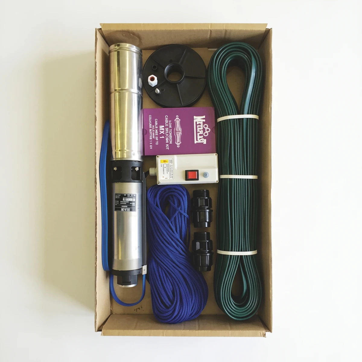 Waterpack Borehole Pump Kit, including a submersible pump, cables, ropes, and connectors, packaged in an open cardboard box.