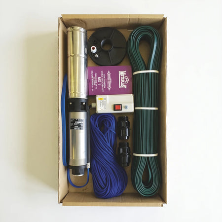 Waterpack Borehole Pump Kit, including a submersible pump, cables, ropes, and connectors, packaged in an open cardboard box.