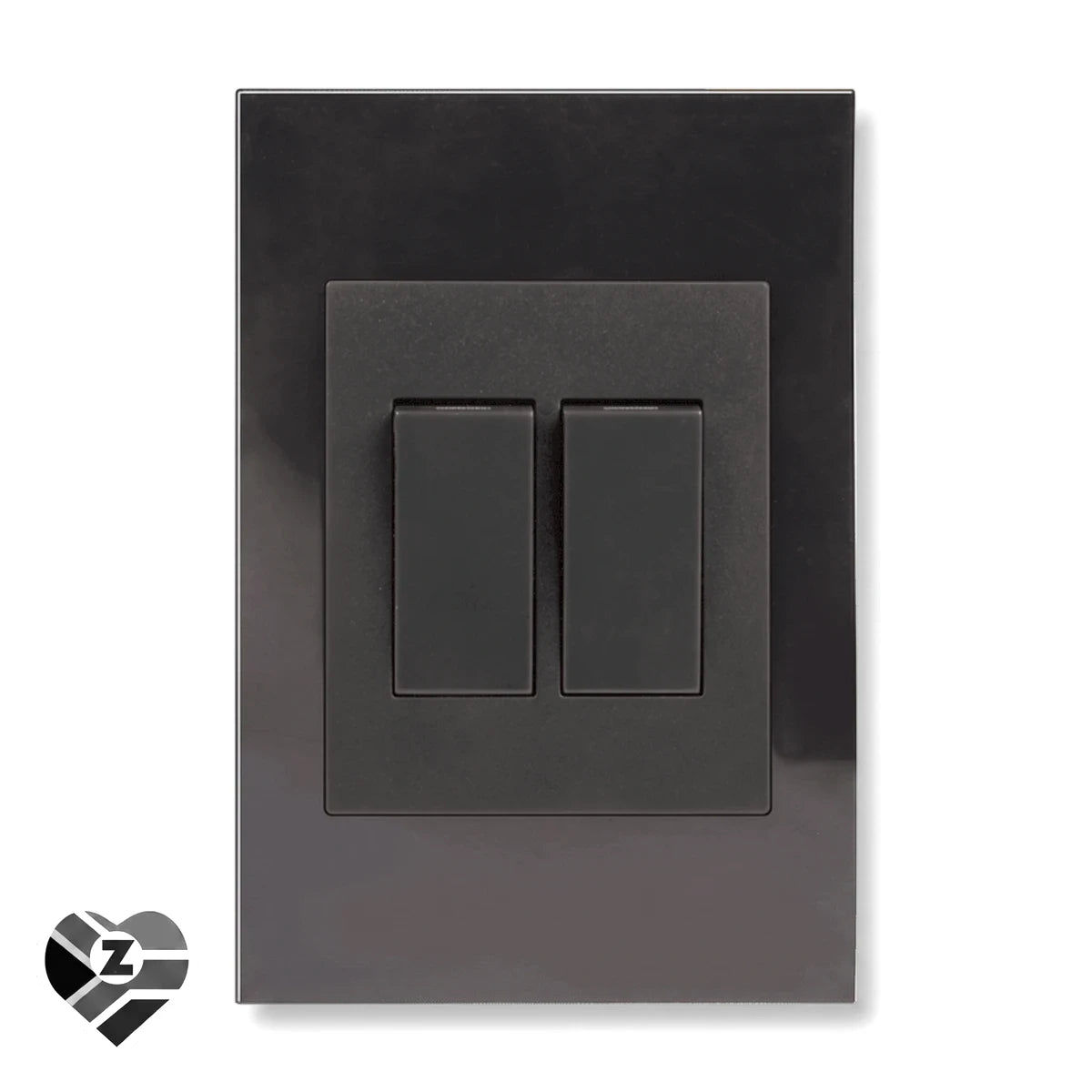 Front view of a Way Charcoal 250V Two Lever Light Switch, featuring a sleek black finish and modern design.