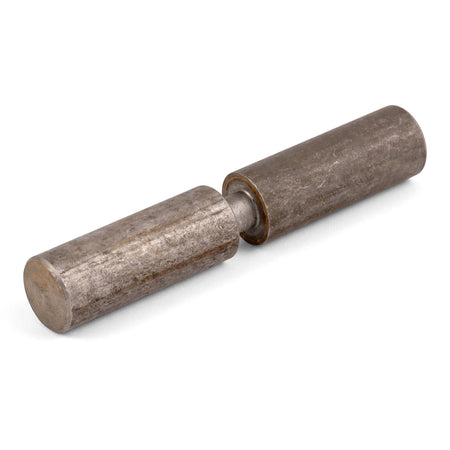A weathered, rustic metal bullet hinge, consisting of two cylindrical parts connected by a pin, shown at a slight angle.