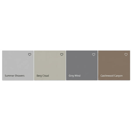 Four Weatherguard Fine Textured paint color swatches: light gray Summer Showers, greige Berg Cloud, dark gray Grey Wind, and