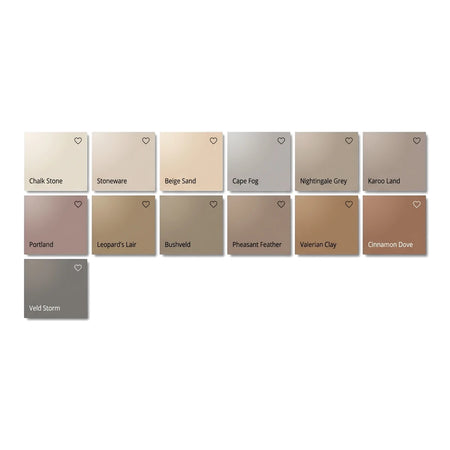 A grid displaying thirteen Weatherguard Fine Textured paint swatches in various neutral and earthy tones, each with a color