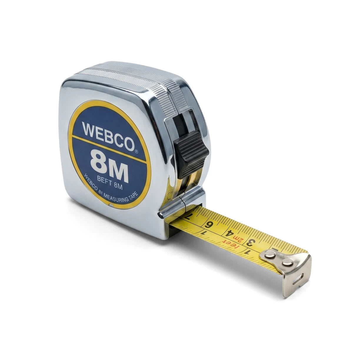Webco 8M measuring tape, a durable tool for precise measurements, featuring an ergonomic case and clear markings.