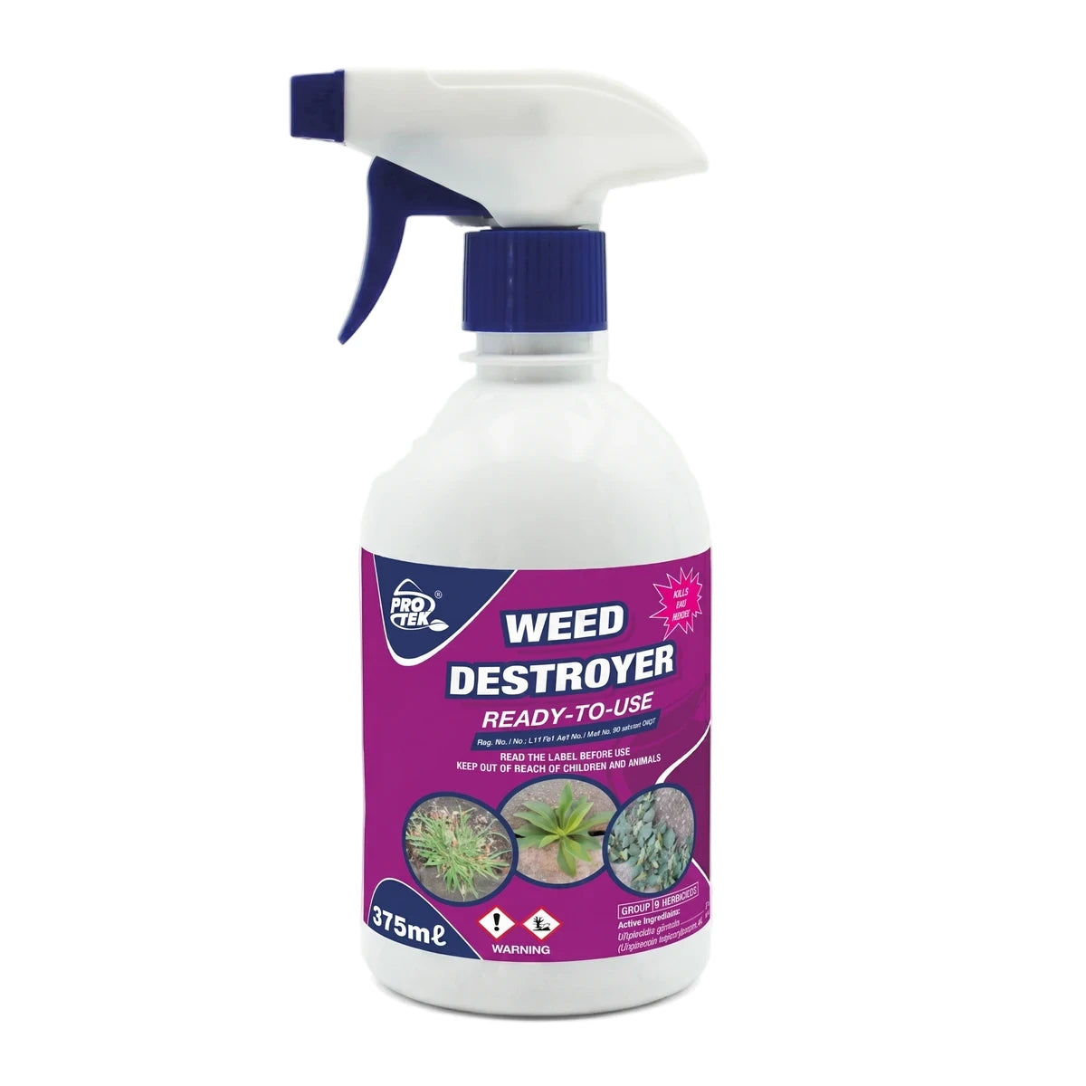 Weed Destroyer 375ml ready-to-use herbicide in a white plastic spray bottle with a purple label and blue trigger, front view.