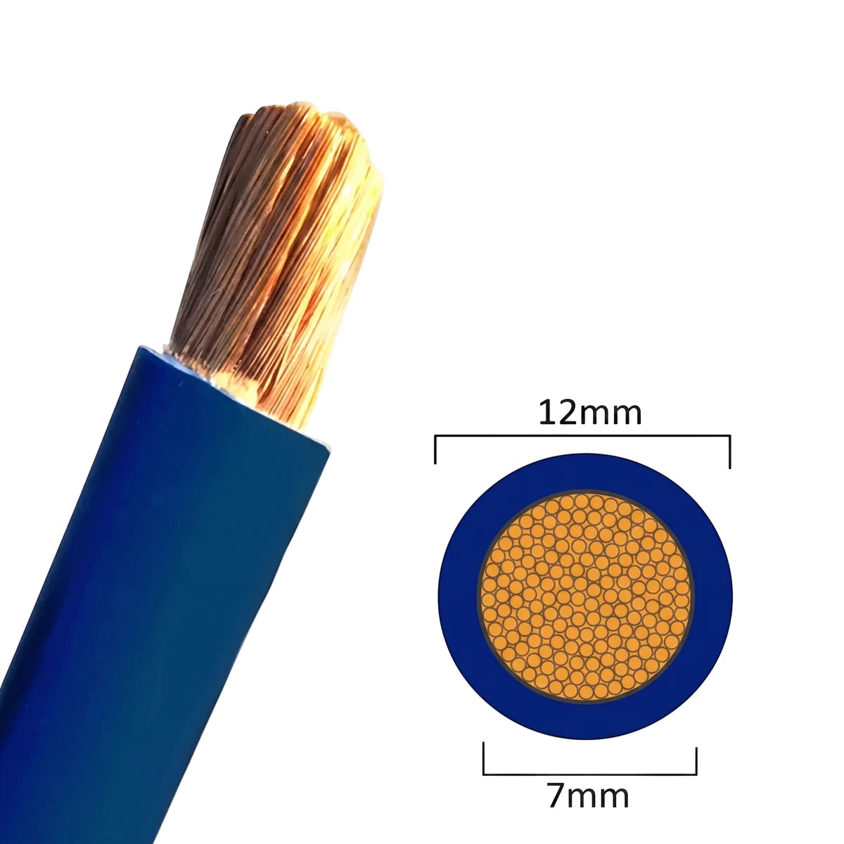 Blue welding cable with exposed copper strands and a cross-section detailing its 12mm outer and 7mm inner diameter on a