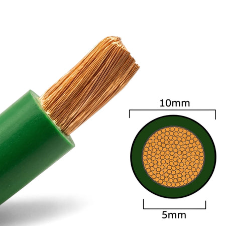 Green welding cable with exposed copper strands and a cross-section diagram showing 10mm and 5mm dimensions.