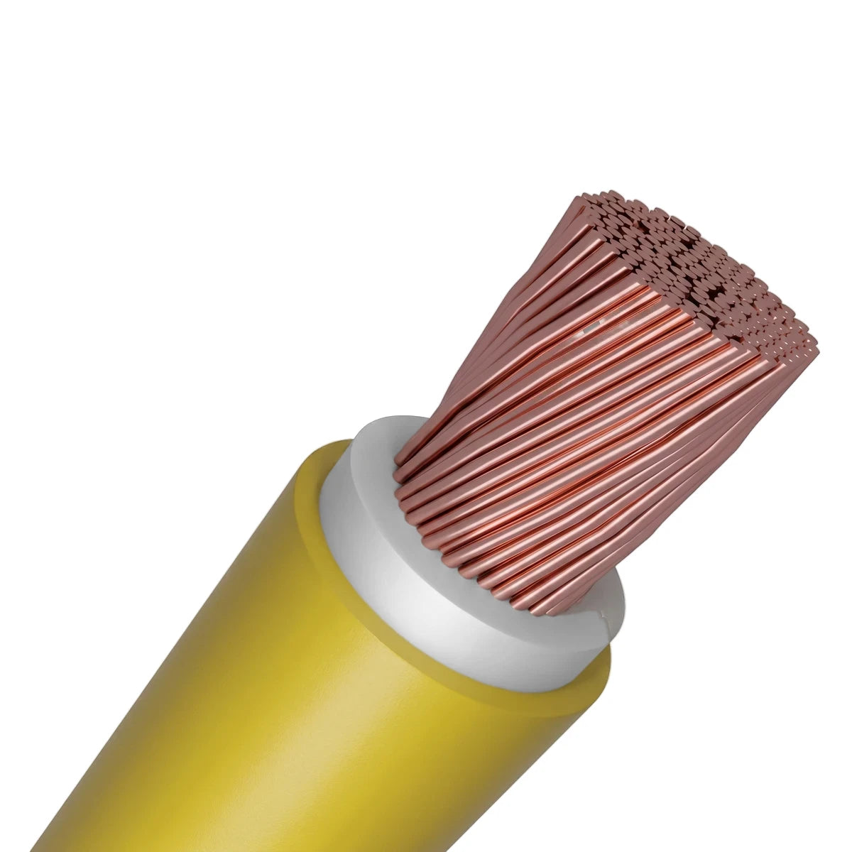Close-up of a cut yellow PVC welding cable, exposing the bundled copper strands and white inner insulation.