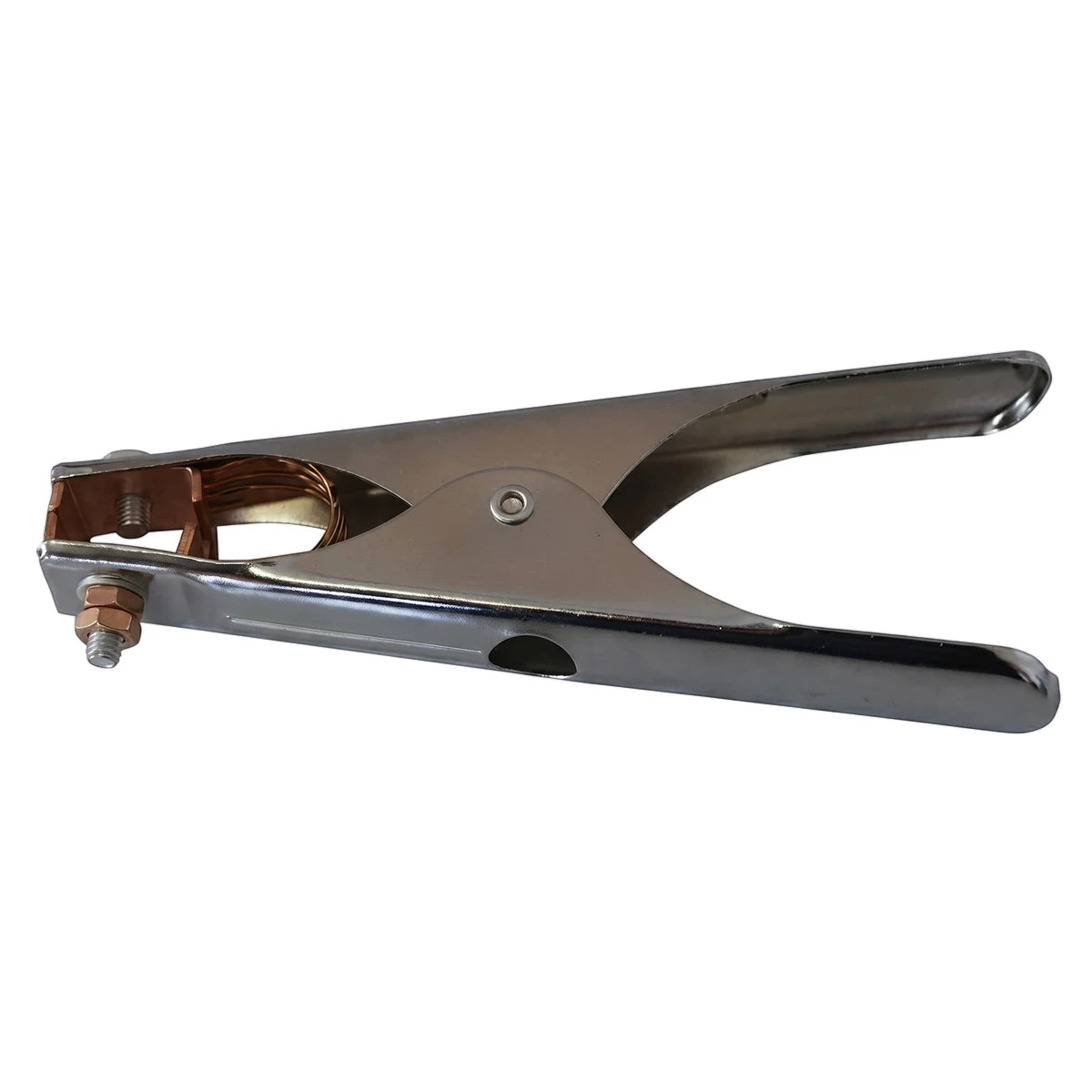 Metal Earth Clamp 200A for welding, silver with visible copper contacts, positioned horizontally.
