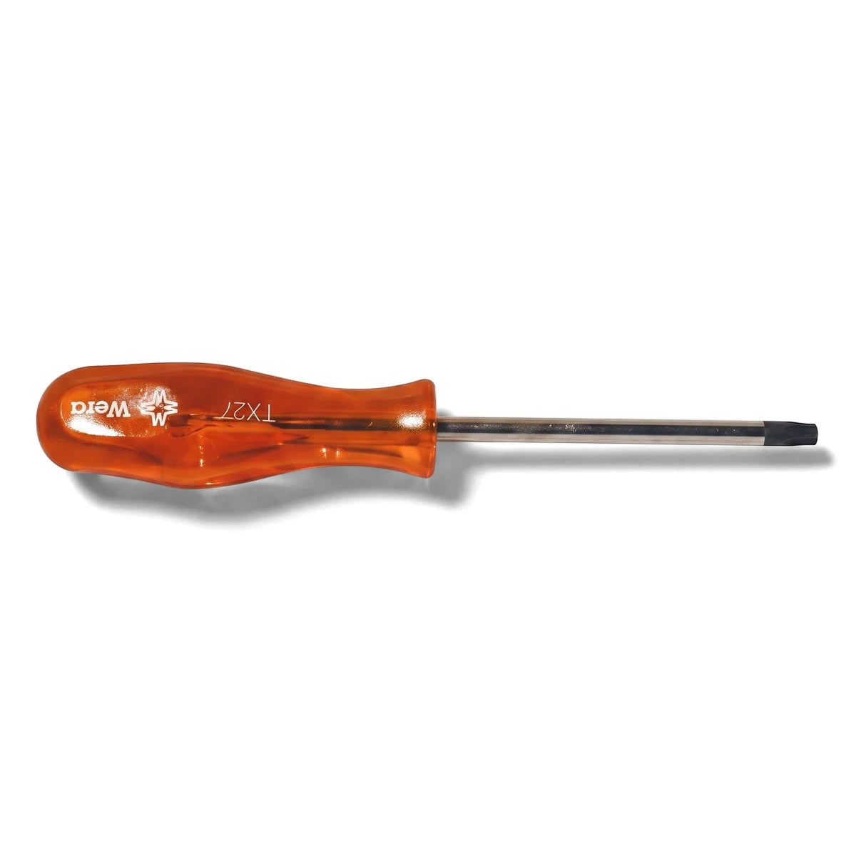Wera TX27 Torx screwdriver with an orange translucent handle and a metallic shaft, shown horizontally on a white background.