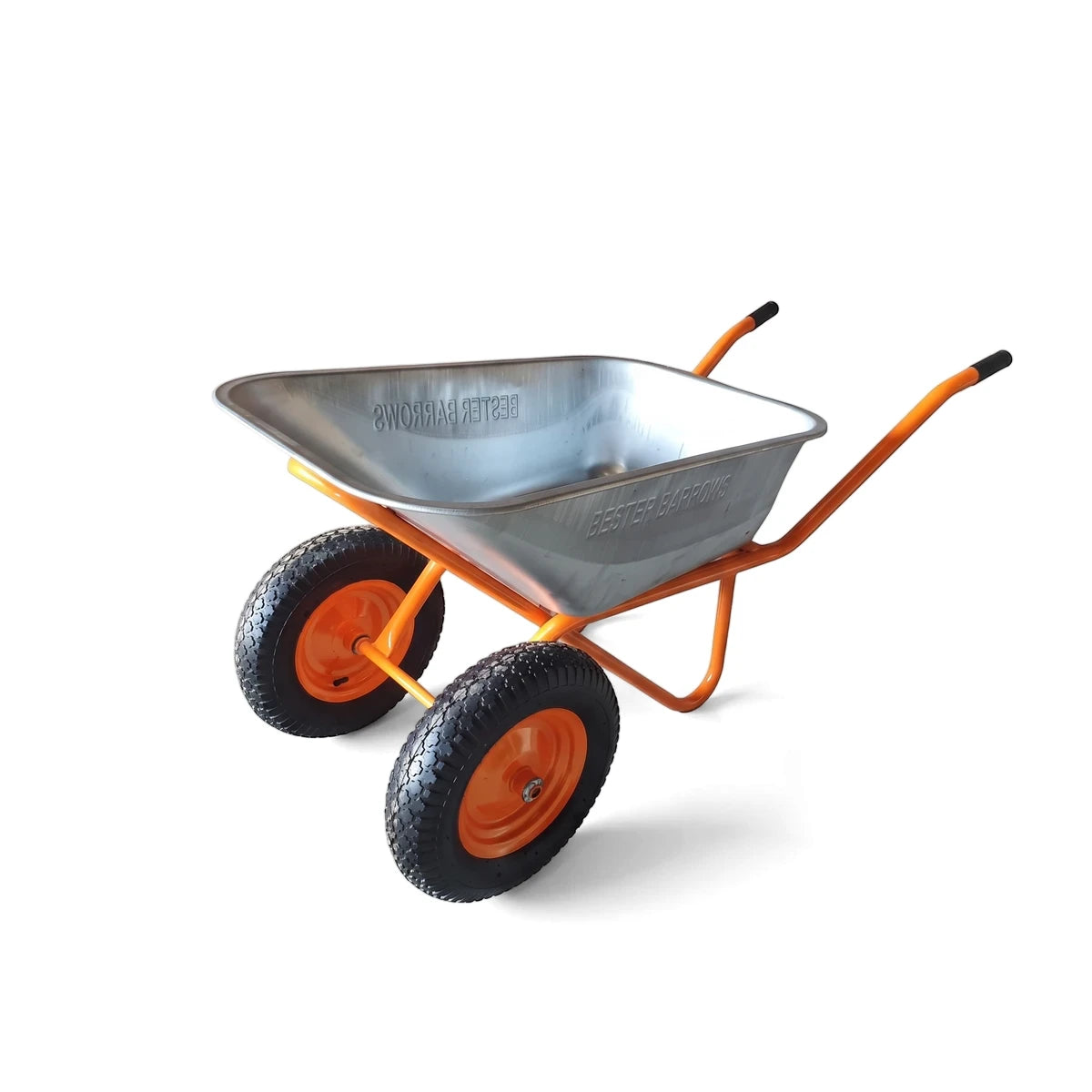 Two-wheeled Wheelbarrow Gardener Light Frame with a metallic silver bin and an orange frame, viewed from an angled