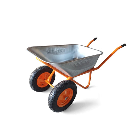 Two-wheeled Wheelbarrow Gardener Light Frame with a metallic silver bin and an orange frame, viewed from an angled