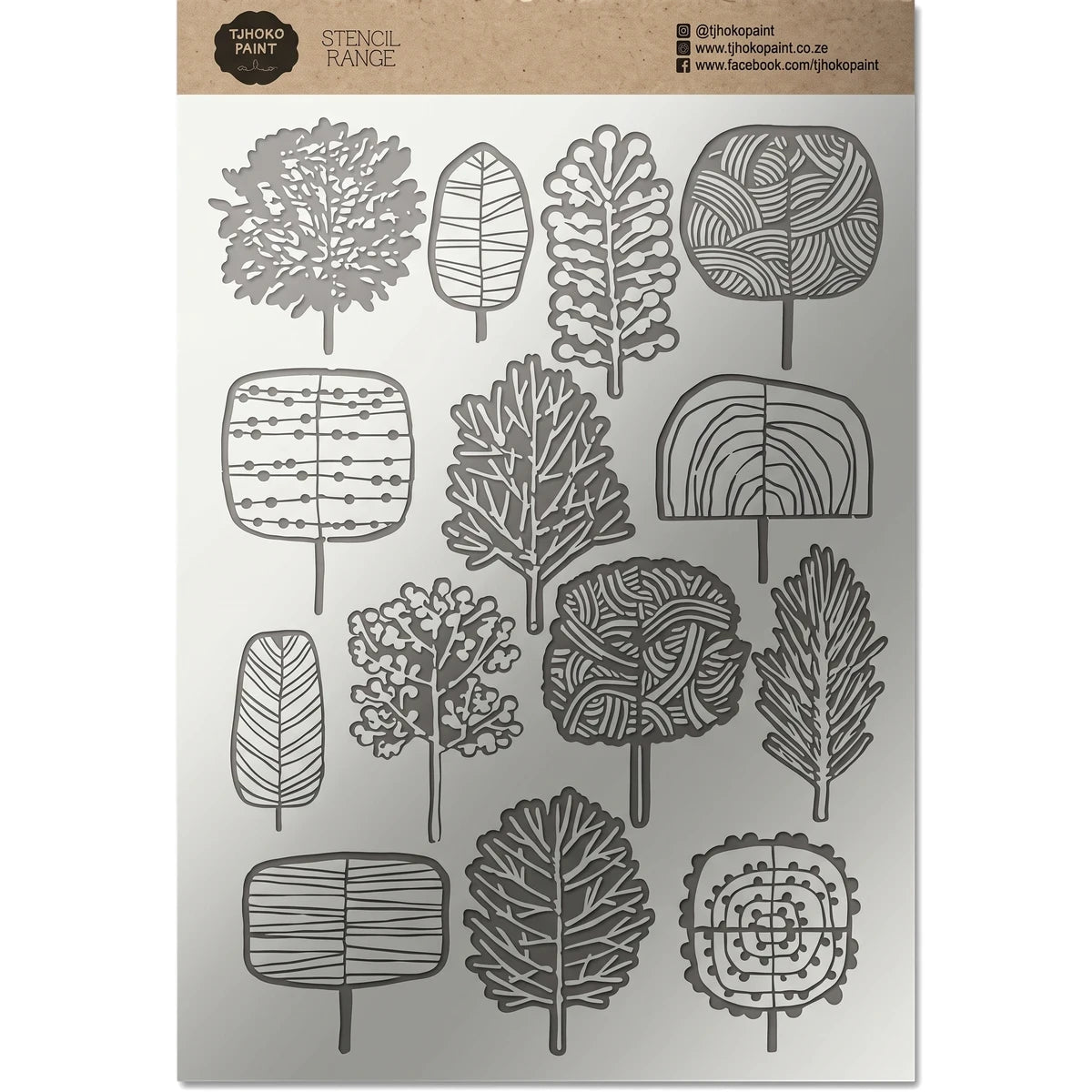 Whimsical Woods (2022-A4-11L) paint stencils sheet featuring diverse gray tree designs on a light background with a brown