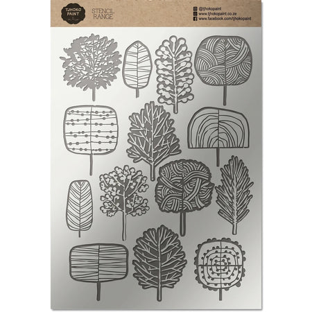 Whimsical Woods (2022-A4-11L) paint stencils sheet featuring diverse gray tree designs on a light background with a brown