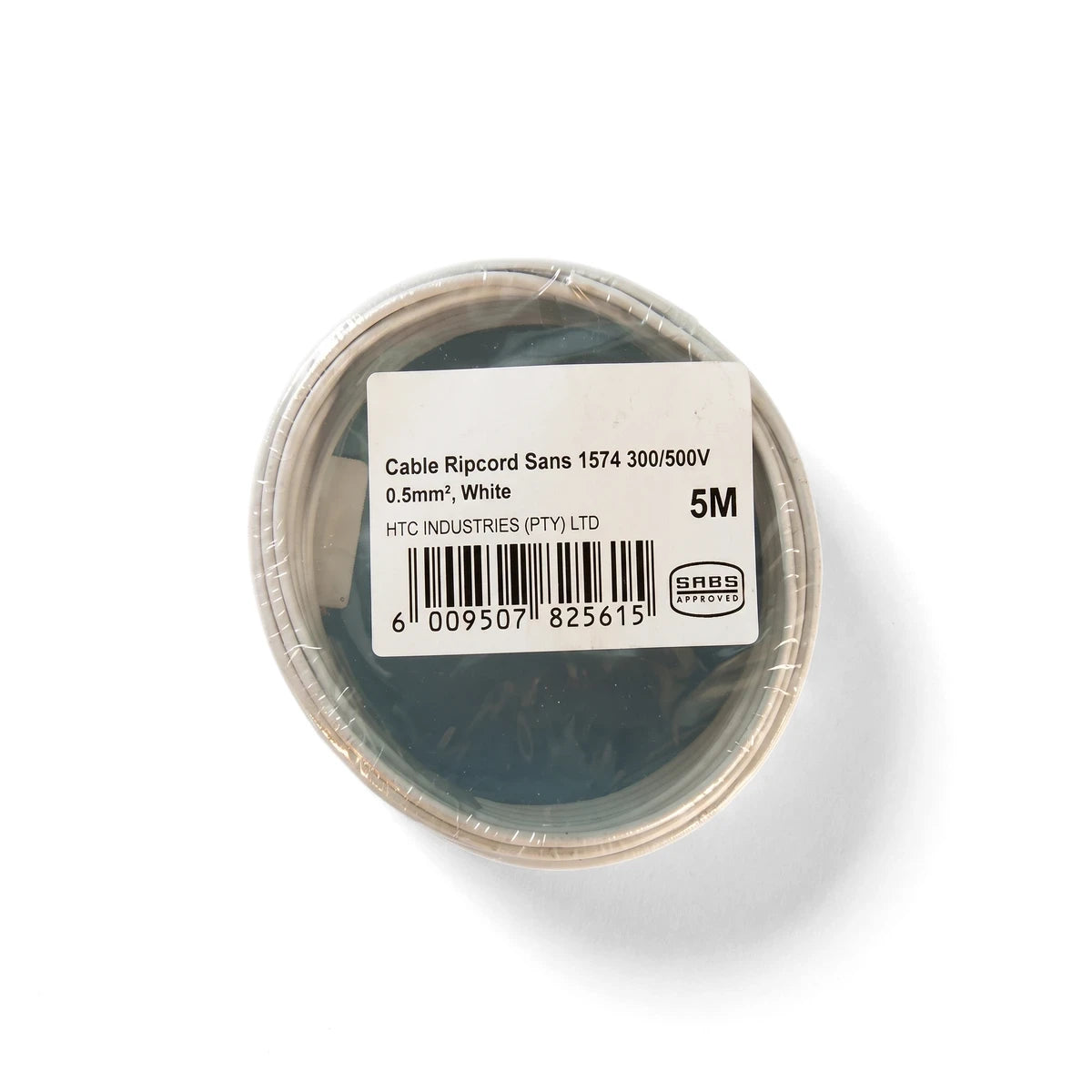 White 0.5mm electrical ripcord cable, 5 meters long, coiled and displaying its product label with specifications and SABS