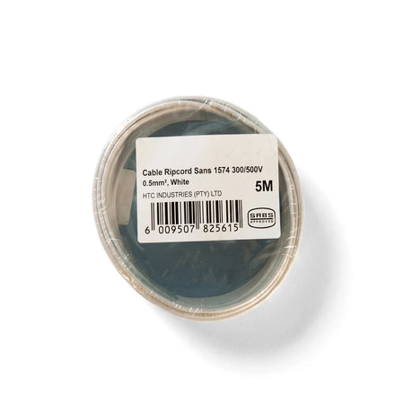 White 0.5mm electrical ripcord cable, 5 meters long, coiled and displaying its product label with specifications and SABS