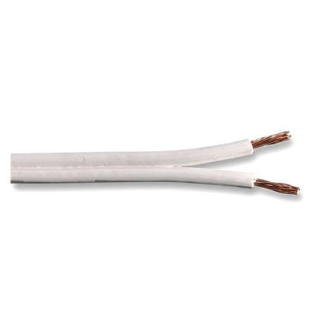 White 0.5mm electrical audio cable with split ends revealing copper conductors, viewed horizontally against a white