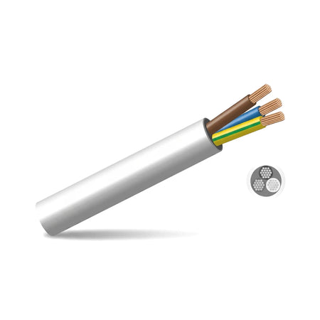 White 1.5 x 3 Core Cabtyre electrical wire with exposed brown, blue, and yellow-green conductors, shown with a cross-section.