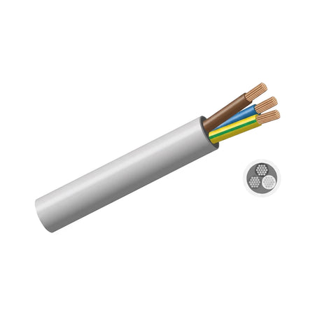 White 1.5 X 3 core cabtyre electrical wire cable showing exposed brown, blue, and green/yellow insulated copper wires.