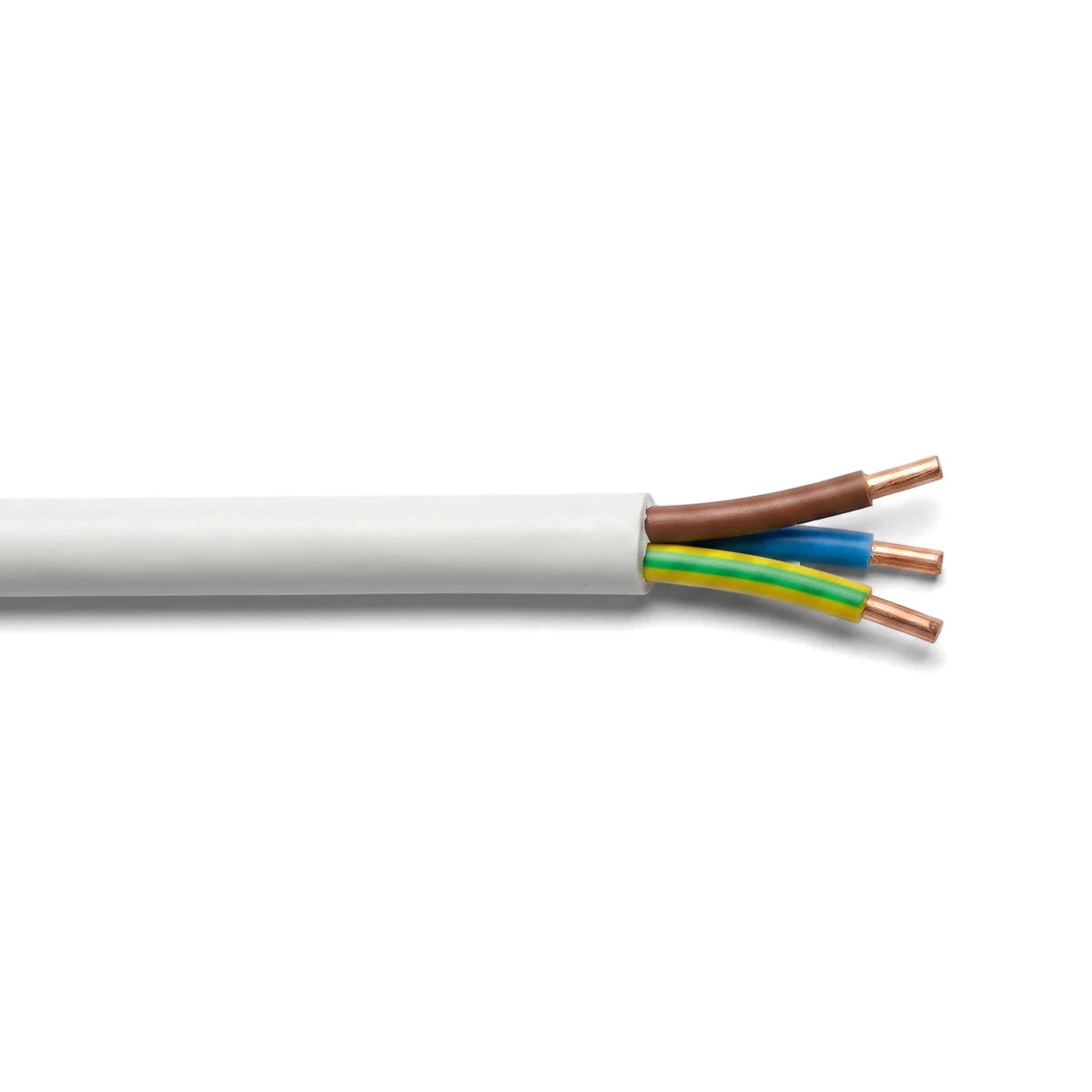 White 1.5 x 3 core cabtyre electrical cable with exposed brown, blue, and green/yellow insulated copper wires.