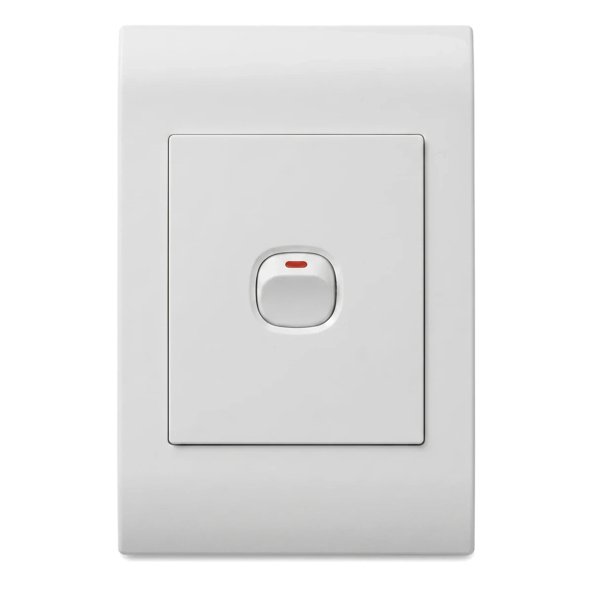 White 1-gang light switch with a rectangular wall plate and a central toggle switch featuring a red indicator light.