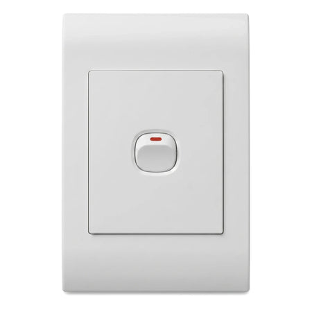 White 1-gang light switch with a rectangular wall plate and a central toggle switch featuring a red indicator light.