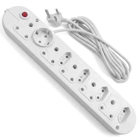 White 10-way flat multiplug adaptor with a red power switch and coiled power cord, viewed from an elevated angle.