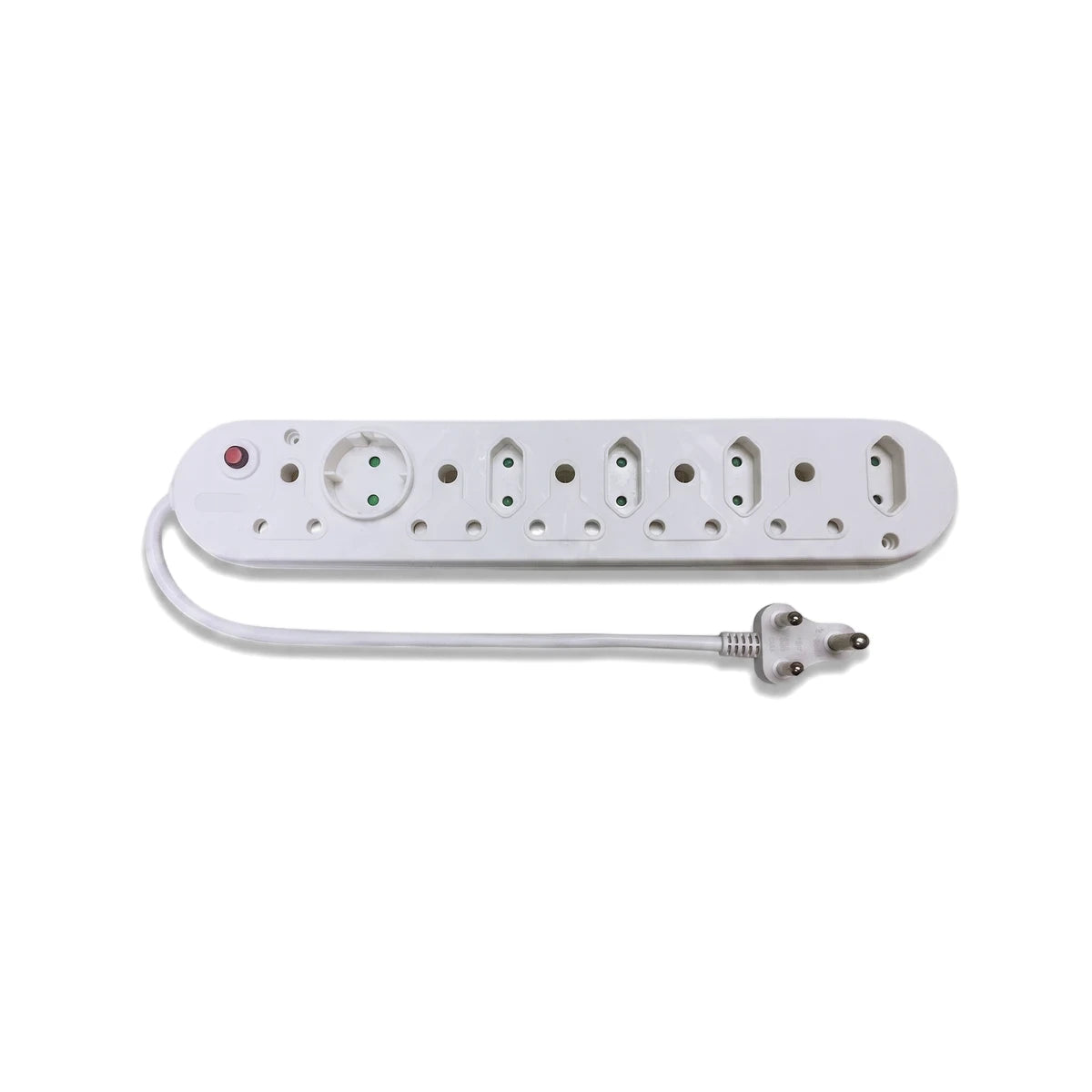 White 10-way multiplug adaptor with 6x16mma, 2 Euro, and 2 Schuko sockets, featuring a safety switch.