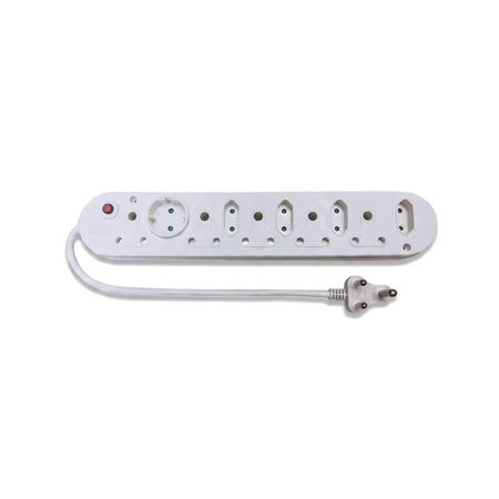 White 10-way multiplug adaptor with 6x16mma, 2 Euro, and 2 Schuko sockets, featuring a safety switch.