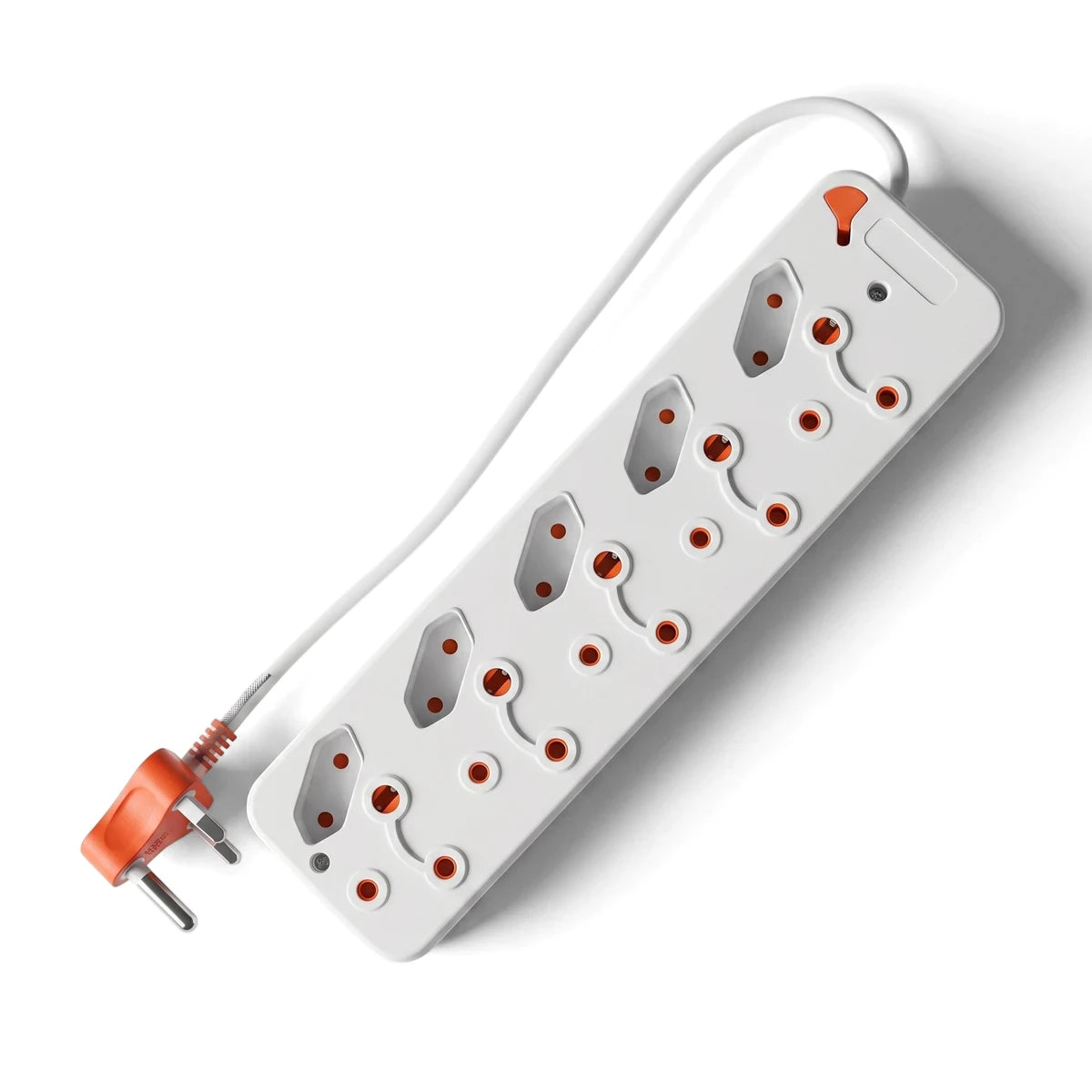 White 10-way multiplug power strip with 6x16mm, 2xEuro, and 2xSchuko sockets and an orange plug.
