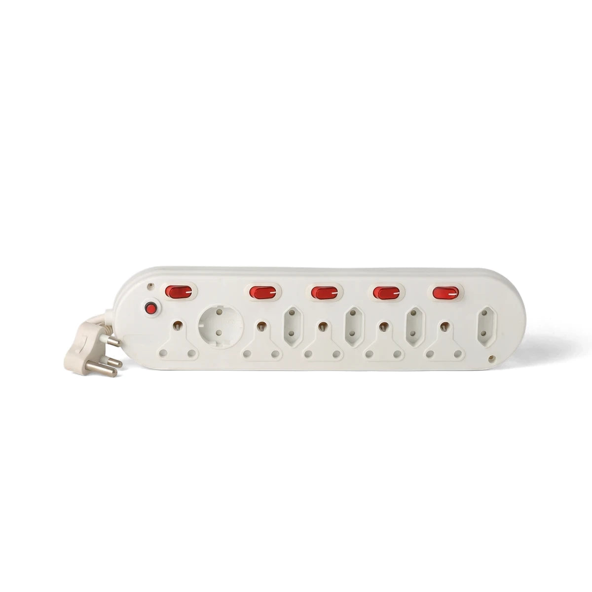 White 10-way multiplug with six 16A, two Euro, and two Shuko outlets, featuring red safety shutters and an attached plug.