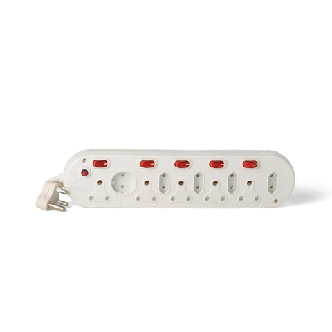 White 10-way multiplug with six 16A, two Euro, and two Shuko outlets, featuring red safety shutters and an attached plug.